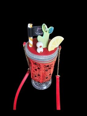 Novelty Drink Cup Crossbody Bag in Red with Glitter Accents